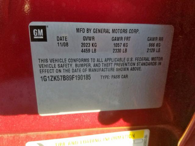 1G1ZK57B89F190185 - 2009 CHEVROLET MALIBU LTZ 红色 照片 10