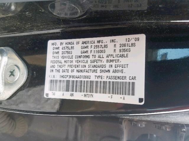 1HGCP3F80AA010662 - 2010 HONDA ACCORD EXL BLACK photo 10