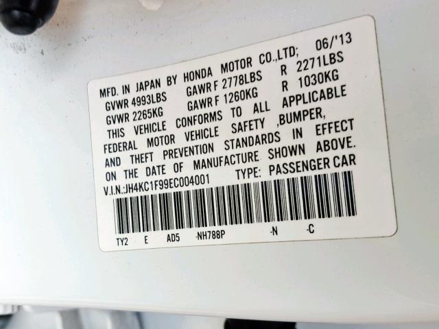 JH4KC1F99EC004001 - 2014 ACURA RLX ADVANC WHITE photo 10
