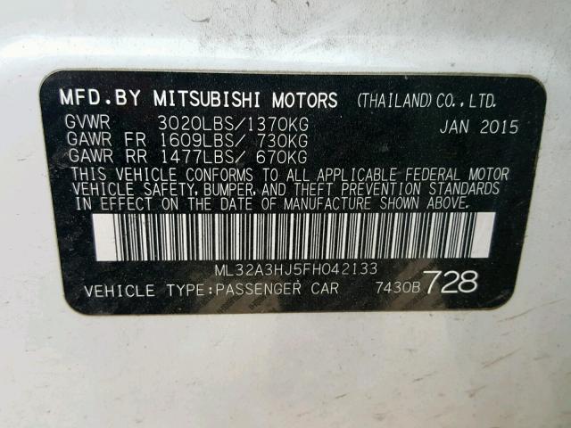 ML32A3HJ5FH042133 - 2015 MITSUBISHI MIRAGE DE WHITE photo 10