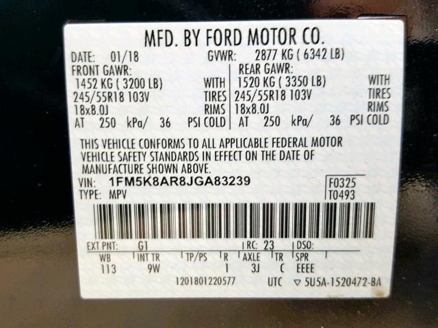 1FM5K8AR8JGA83239 - 2018 FORD EXPLORER P BLACK photo 10