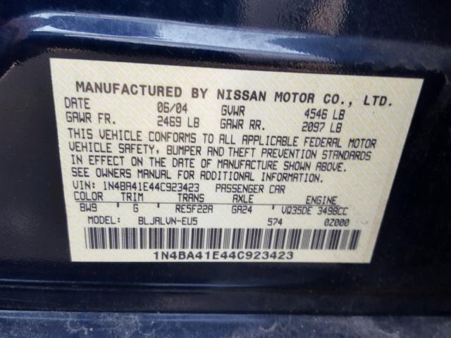 1N4BA41E44C923423 - 2004 NISSAN MAXIMA SE BLUE photo 10