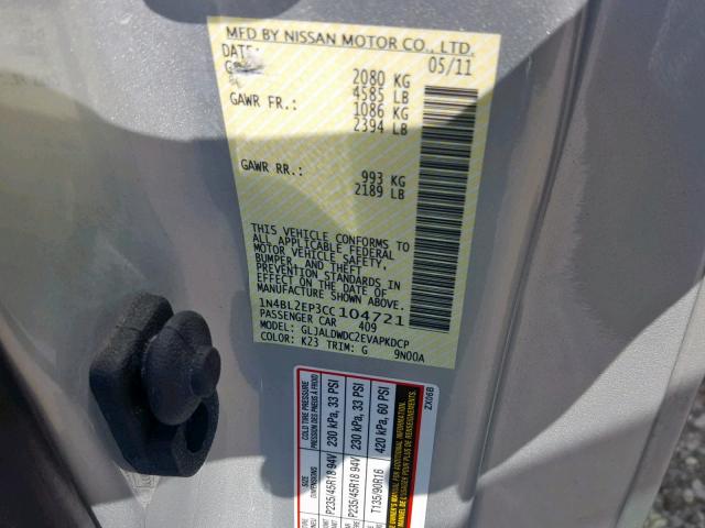 1N4BL2EP3CC104721 - 2012 NISSAN ALTIMA SR SILVER photo 10