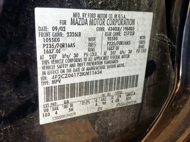 4F2CZ06173KM11634 - 2003 MAZDA TRIBUTE ES 黑色 照片 10