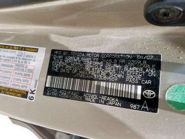 JTNBE46K373089559 - 2007 TOYOTA CAMRY NEW GOLD photo 10