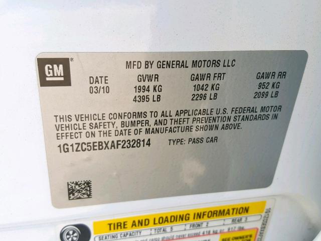 1G1ZC5EBXAF232814 - 2010 CHEVROLET MALIBU 1LT 白色 照片 10