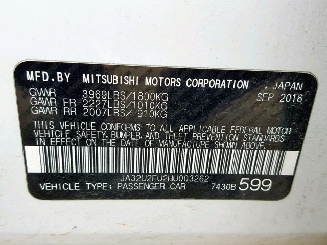 JA32U2FU2HU003262 - 2017 MITSUBISHI LANCER ES WHITE photo 10