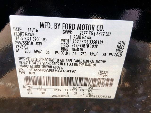 1FM5K8AR8HGB34197 - 2017 FORD EXPLORER P BLACK photo 10