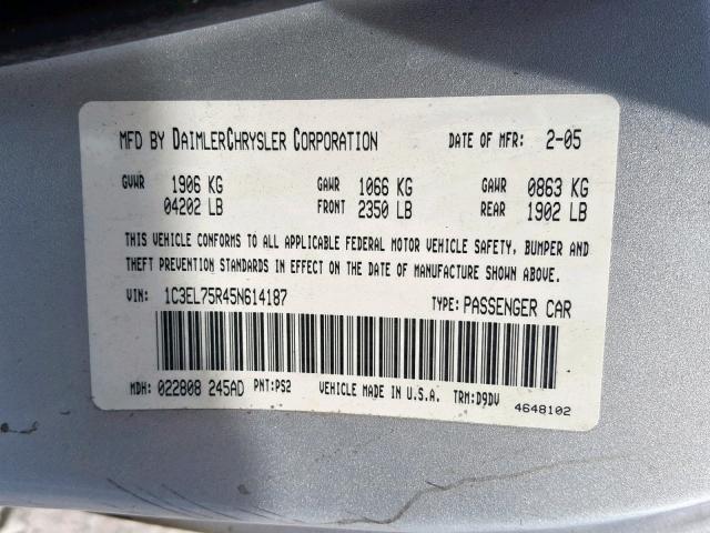 1C3EL75R45N614187 - 2005 CHRYSLER SEBRING GT SILVER photo 10