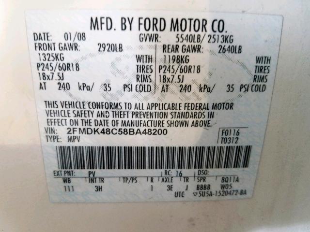 2FMDK48C58BA48200 - 2008 FORD EDGE SEL WHITE photo 10