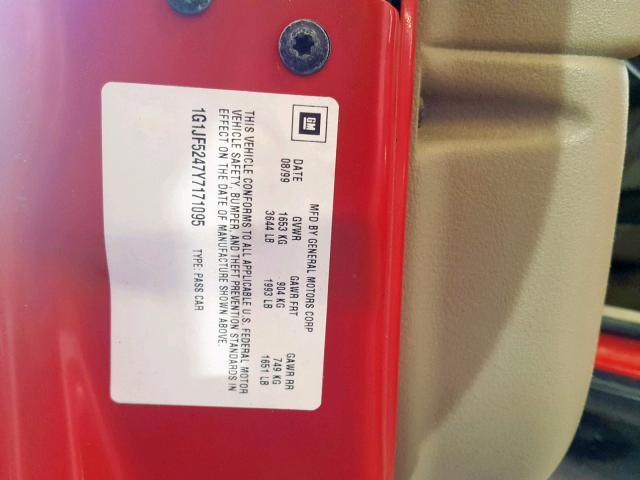 1G1JF5247Y7171095 - 2000 CHEVROLET CAVALIER L RED photo 10