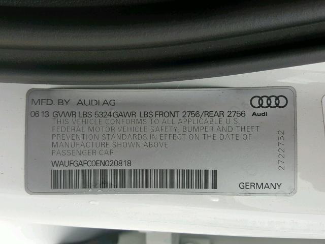 WAUFGAFC0EN020818 - 2014 AUDI A6 PREMIUM WHITE photo 10