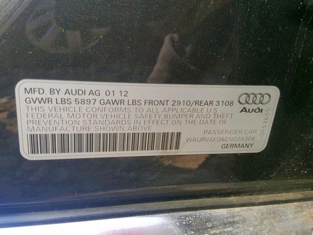 WAURVAFD6CN026308 - 2012 AUDI A8 L QUATT BLACK photo 10