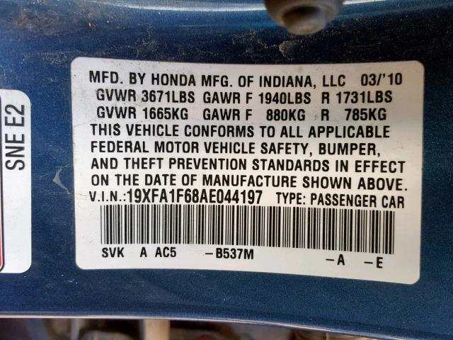 19XFA1F68AE044197 - 2010 HONDA CIVIC LX-S أزرق صورة 10