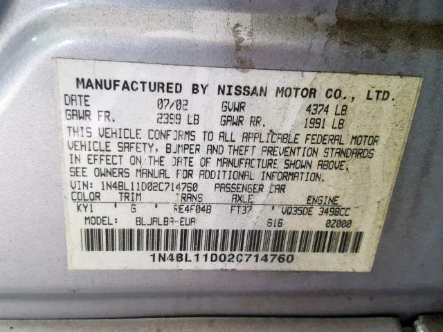 1N4BL11D02C714760 - 2002 NISSAN ALTIMA SE SILVER photo 10