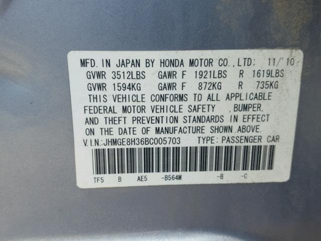 JHMGE8H36BC005703 - 2011 HONDA FIT SILVER photo 10