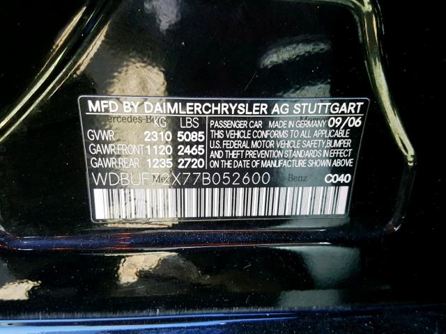 WDBUF72X77B052600 - 2007 MERCEDES-BENZ E 550 BLACK photo 10