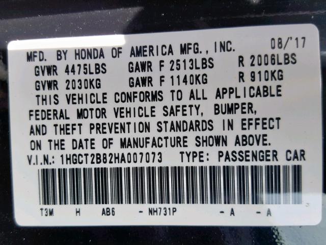 1HGCT2B82HA007073 - 2017 HONDA ACCORD EXL BLACK photo 10