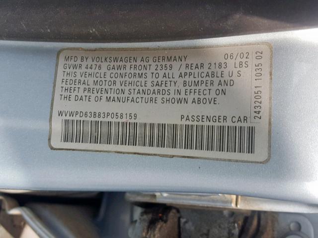 WVWPD63B83P058159 - 2003 VOLKSWAGEN PASSAT GLS SILVER photo 10