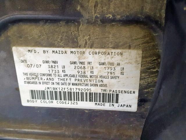 JM1BK12F581792095 - 2008 MAZDA 3 I GRAY photo 10