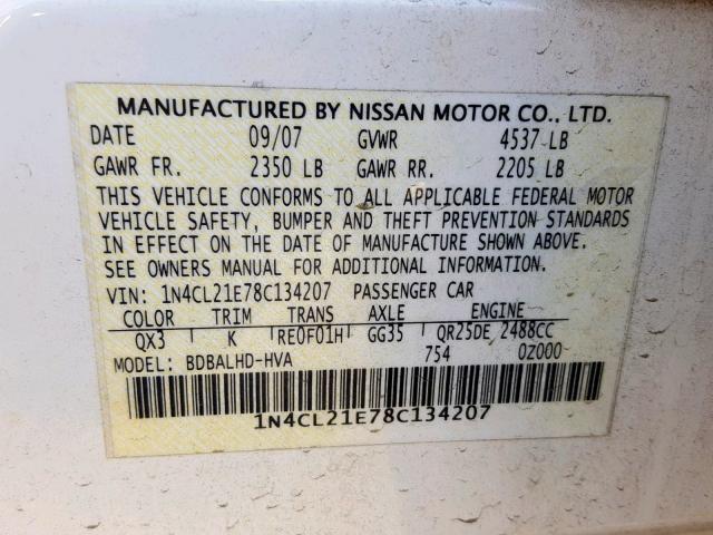 1N4CL21E78C134207 - 2008 NISSAN ALTIMA HYB WHITE photo 10