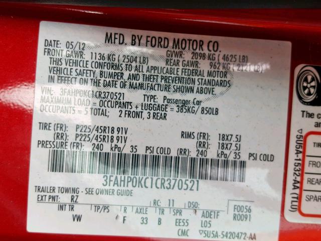 3FAHP0KC1CR370521 - 2012 FORD FUSION SPO RED photo 10