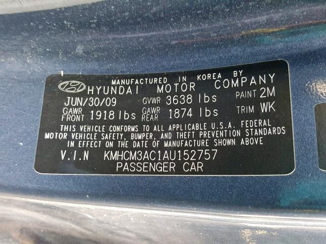 KMHCM3AC1AU152757 - 2010 HYUNDAI ACCENT BLU GRAY photo 10