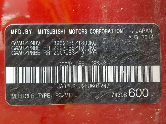 JA32U2FU9FU601247 - 2015 MITSUBISHI LANCER ES  photo 10