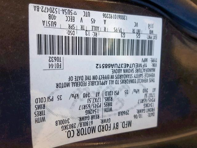 1FMEU74E37UA68512 - 2007 FORD EXPLORER E CHARCOAL photo 10