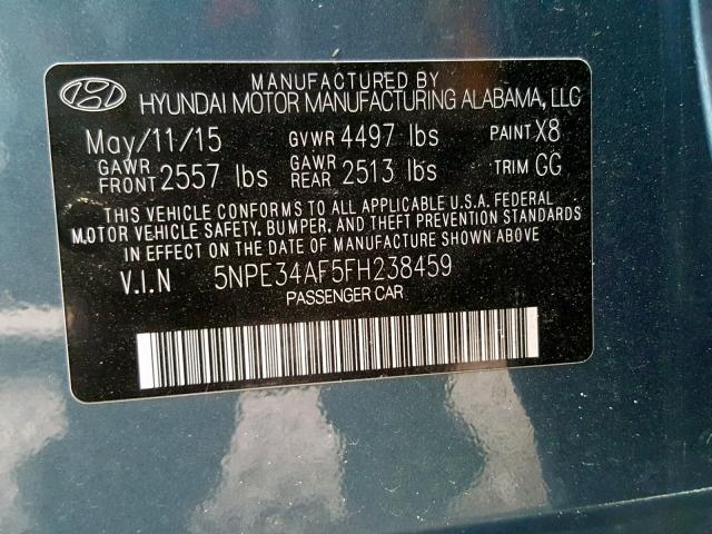 5NPE34AF5FH238459 - 2015 HYUNDAI SONATA SPO BLUE photo 10