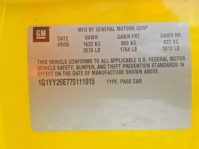 1G1YY26E775111015 - 2007 CHEVROLET CORVETTE Z YELLOW photo 10