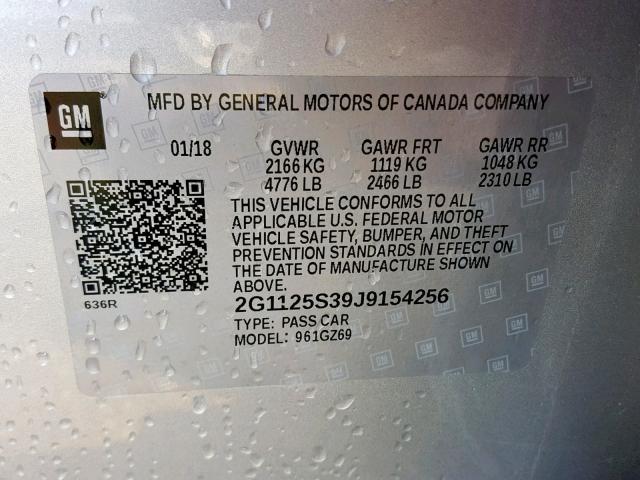 2G1125S39J9154256 - 2018 CHEVROLET IMPALA PRE ვერცხლისფერი ფოტო 10