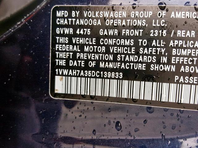 1VWAH7A35DC139833 - 2013 VOLKSWAGEN PASSAT S BLUE photo 10