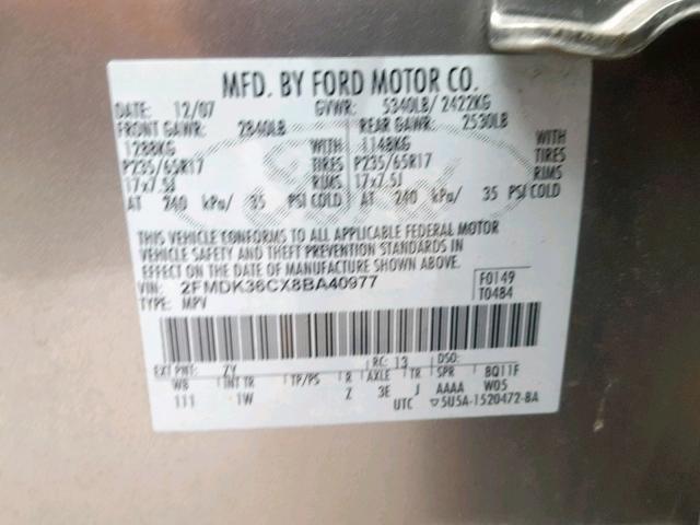 2FMDK36CX8BA40977 - 2008 FORD EDGE SE SILVER photo 10