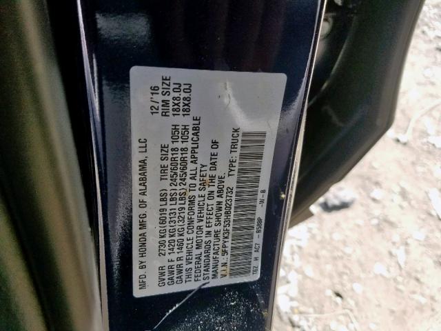 5FPYK3F53HB023732 - 2017 HONDA RIDGELINE BLUE photo 10