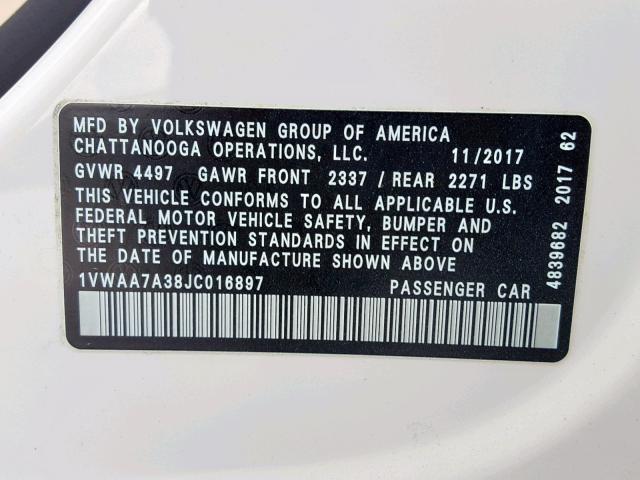 1VWAA7A38JC016897 - 2018 VOLKSWAGEN PASSAT S WHITE photo 10