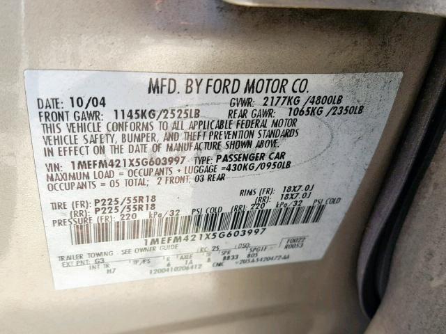 1MEFM421X5G603997 - 2005 MERCURY MONTEGO PR ოქროსფერი ფოტო 10