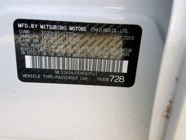 ML32A3HJ0FH053511 - 2015 MITSUBISHI MIRAGE DE WHITE photo 10