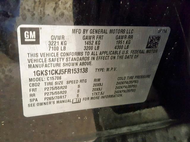 1GKS1CKJ5FR153138 - 2015 GMC YUKON DENA BLACK photo 10