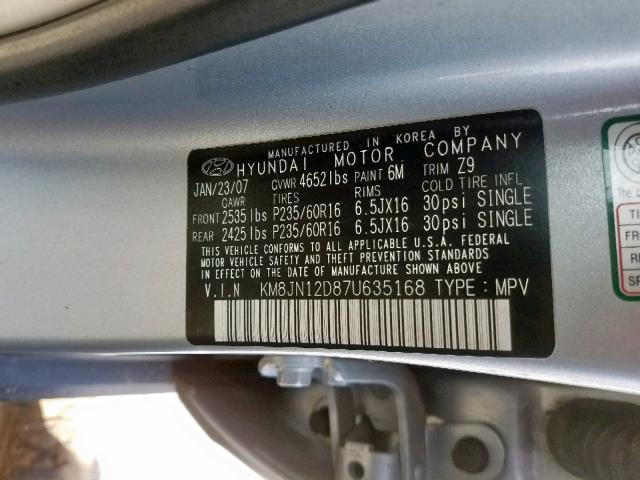 KM8JN12D87U635168 - 2007 HYUNDAI TUCSON SE GRAY photo 10