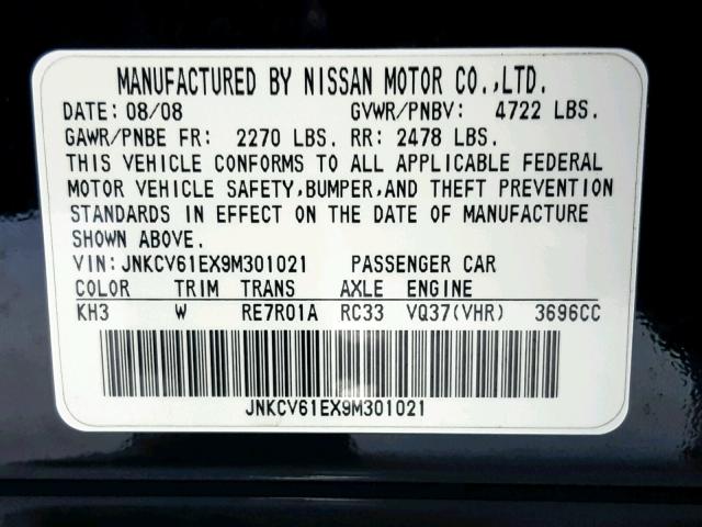 JNKCV61EX9M301021 - 2009 INFINITI G37 BASE BLACK photo 10