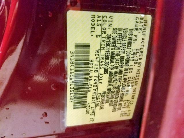 3N1BC11E69L351305 - 2009 NISSAN VERSA S BURGUNDY photo 10