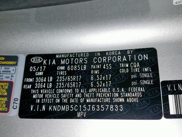 KNDMB5C15J6357833 - 2018 KIA SEDONA LX SILVER photo 10