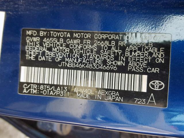 JTNBB46K483046696 - 2008 TOYOTA CAMRY HYBR BLUE photo 10