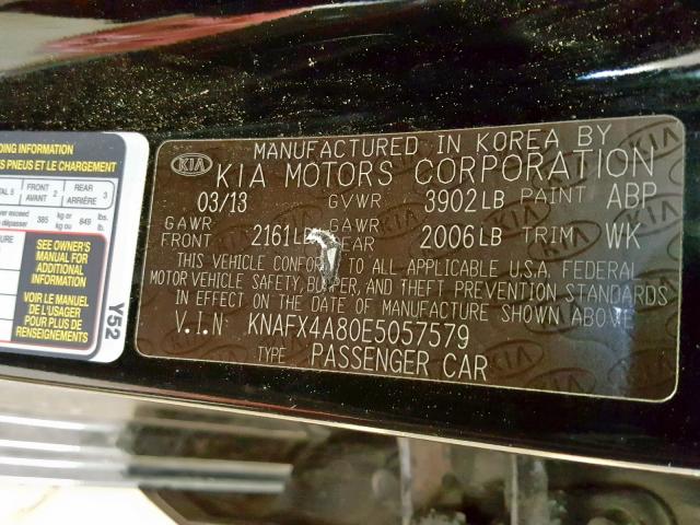 KNAFX4A80E5057579 - 2014 KIA FORTE EX BLACK photo 10