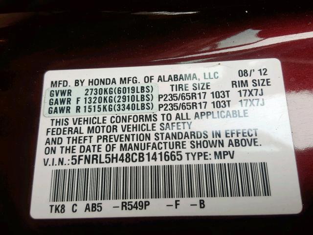 5FNRL5H48CB141665 - 2012 HONDA ODYSSEY EX MAROON photo 10