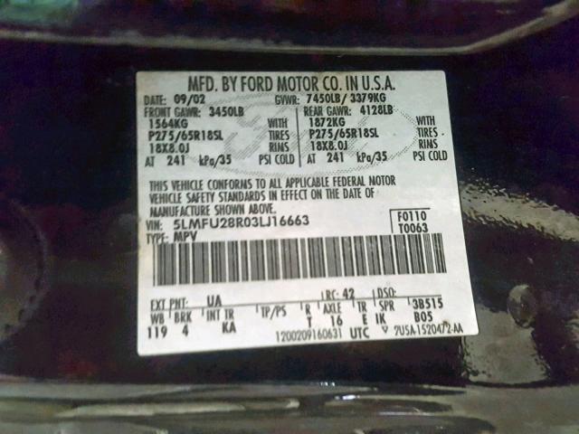 5LMFU28R03LJ16663 - 2003 LINCOLN NAVIGATOR BLACK photo 10