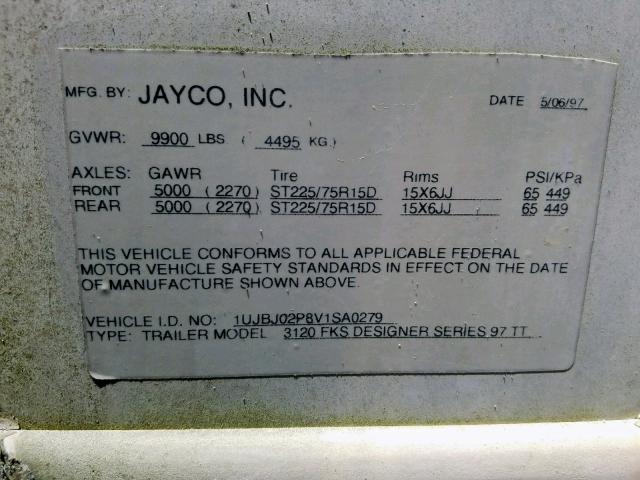 1UJBJ02P8V1SA0279 - 1997 JAYCO TRVL TRL WHITE photo 10