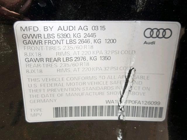 WA1LFAFP0FA126099 - 2015 AUDI Q5 PREMIUM BLACK photo 10