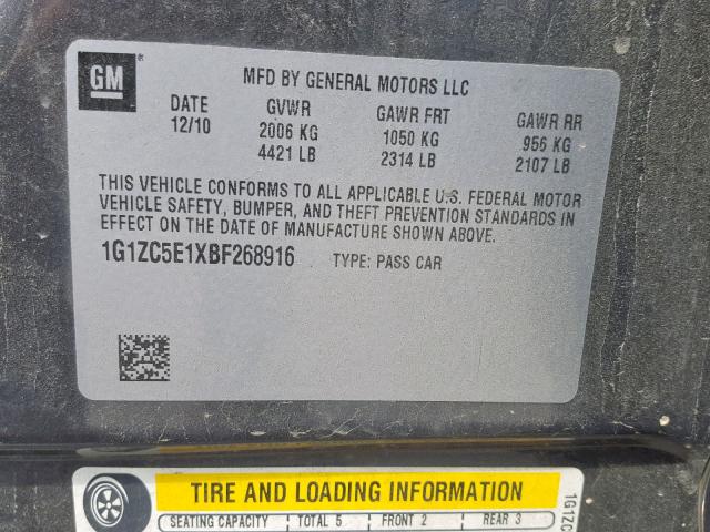 1G1ZC5E1XBF268916 - 2011 CHEVROLET MALIBU 1LT 灰色 照片 10